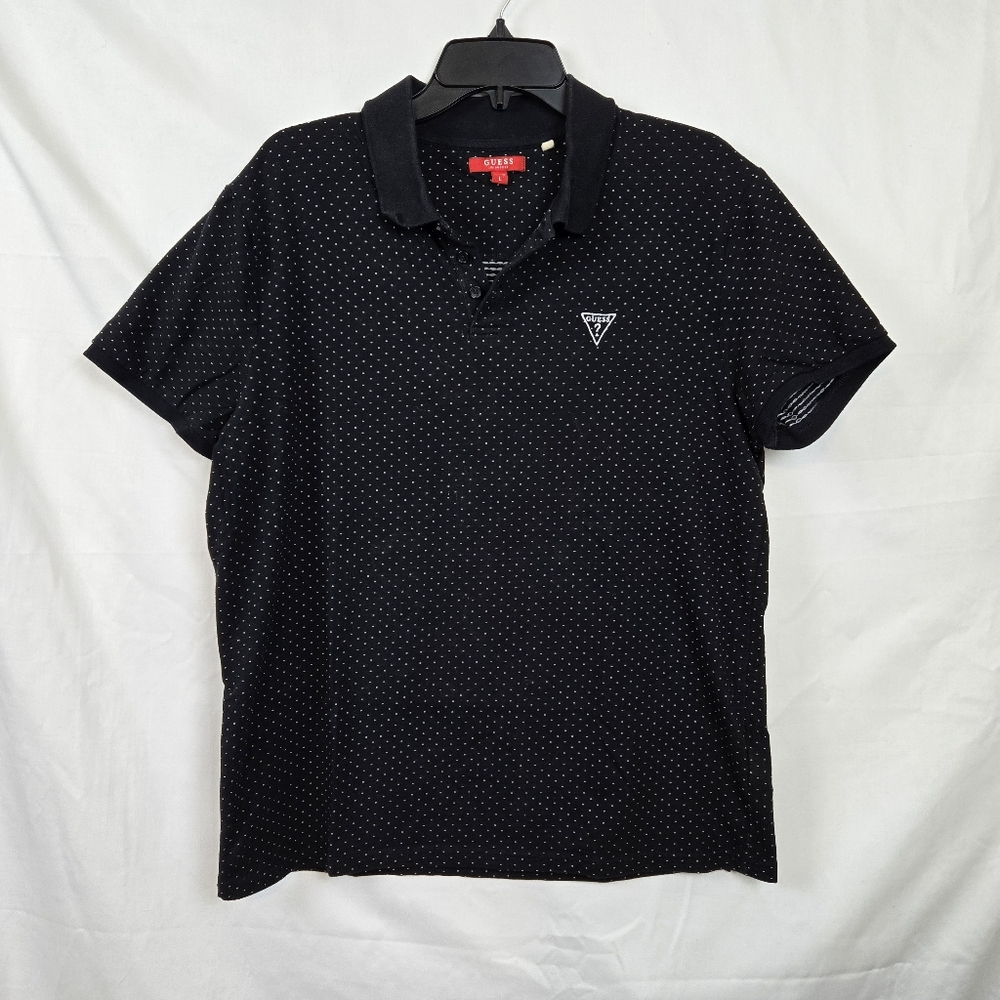 Guess Men's Black White Polka Dot Logo Short Sleeve Embroidered Polo Shirt Large